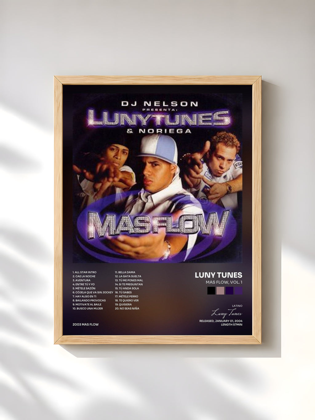 #bois Tableau de l'album Mas Flow, Vol. 1 de Luny Tunes, cadre en bois brut, imprimé et encadré en France