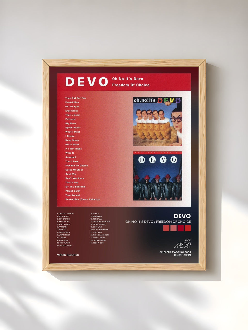 #bois Tableau de l'album Oh No It's Devo / Freedom Of Choice de DEVO, cadre en bois brut, imprimé et encadré en France