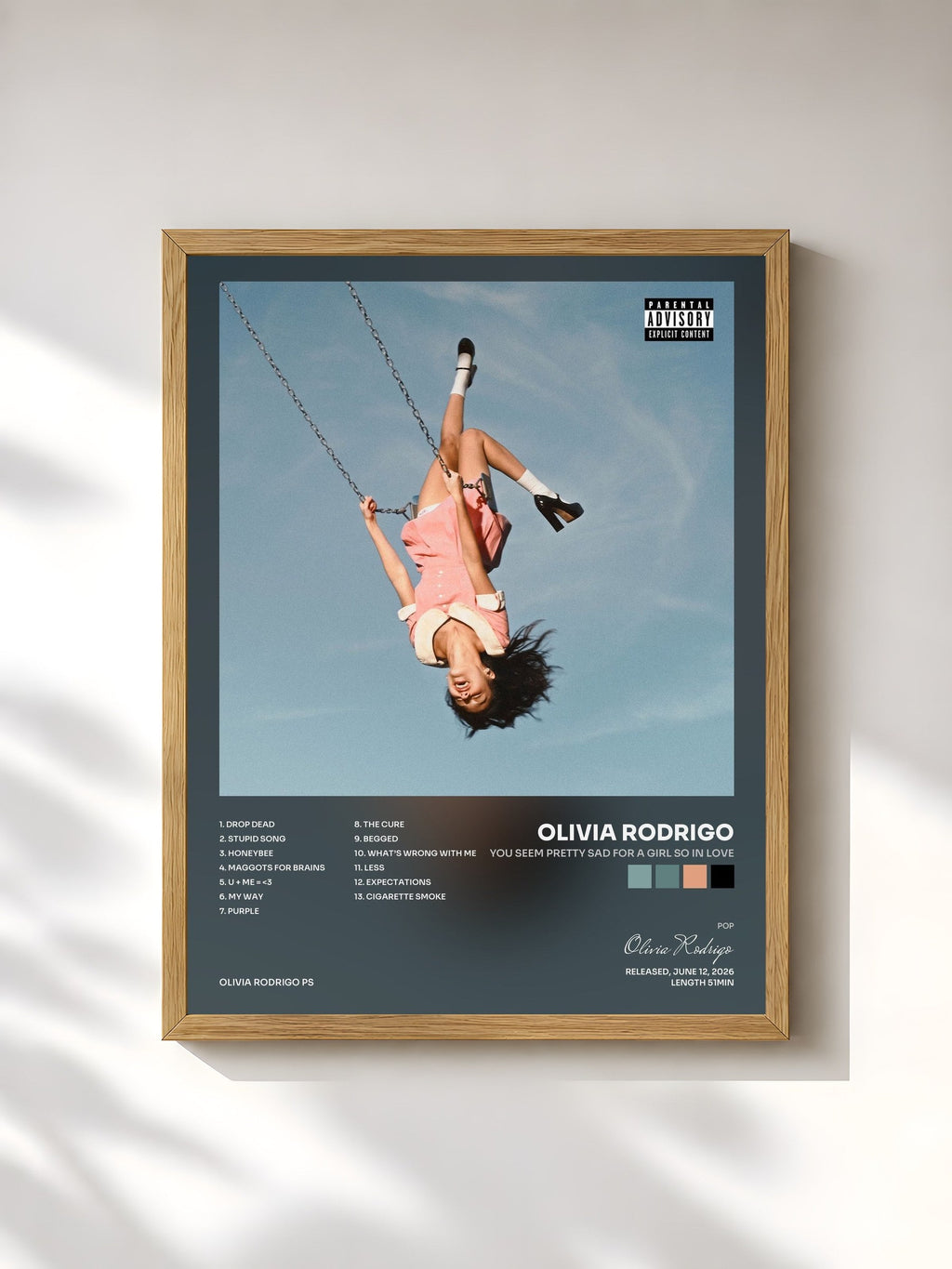 #bois Tableau de l'album you seem pretty sad for a girl so in love de Olivia Rodrigo, cadre en bois brut, imprimé et encadré en France