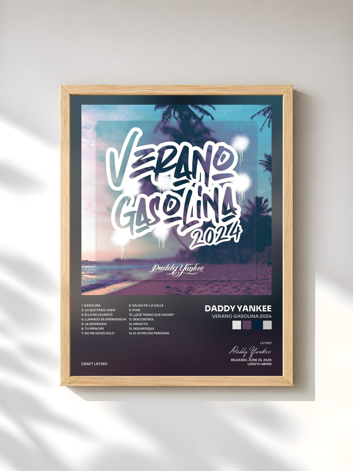 #bois Tableau de l'album VERANO GASOLINA 2024 de Daddy Yankee, cadre en bois brut, imprimé et encadré en France