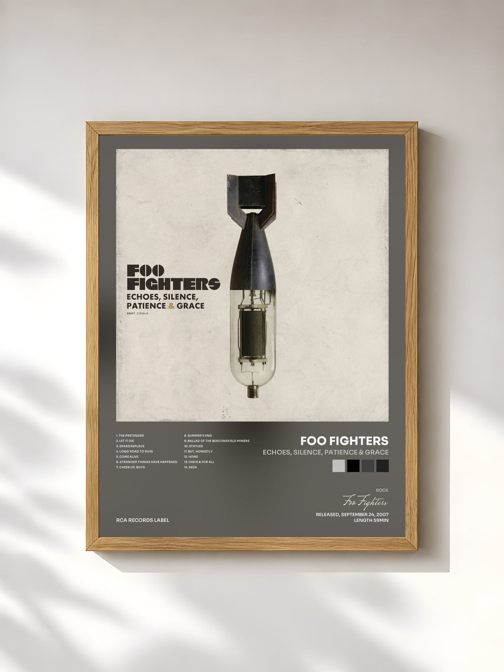 #bois Tableau de l'album Echoes, Silence, Patience & Grace de Foo Fighters, cadre en bois brut, imprimé et encadré en France