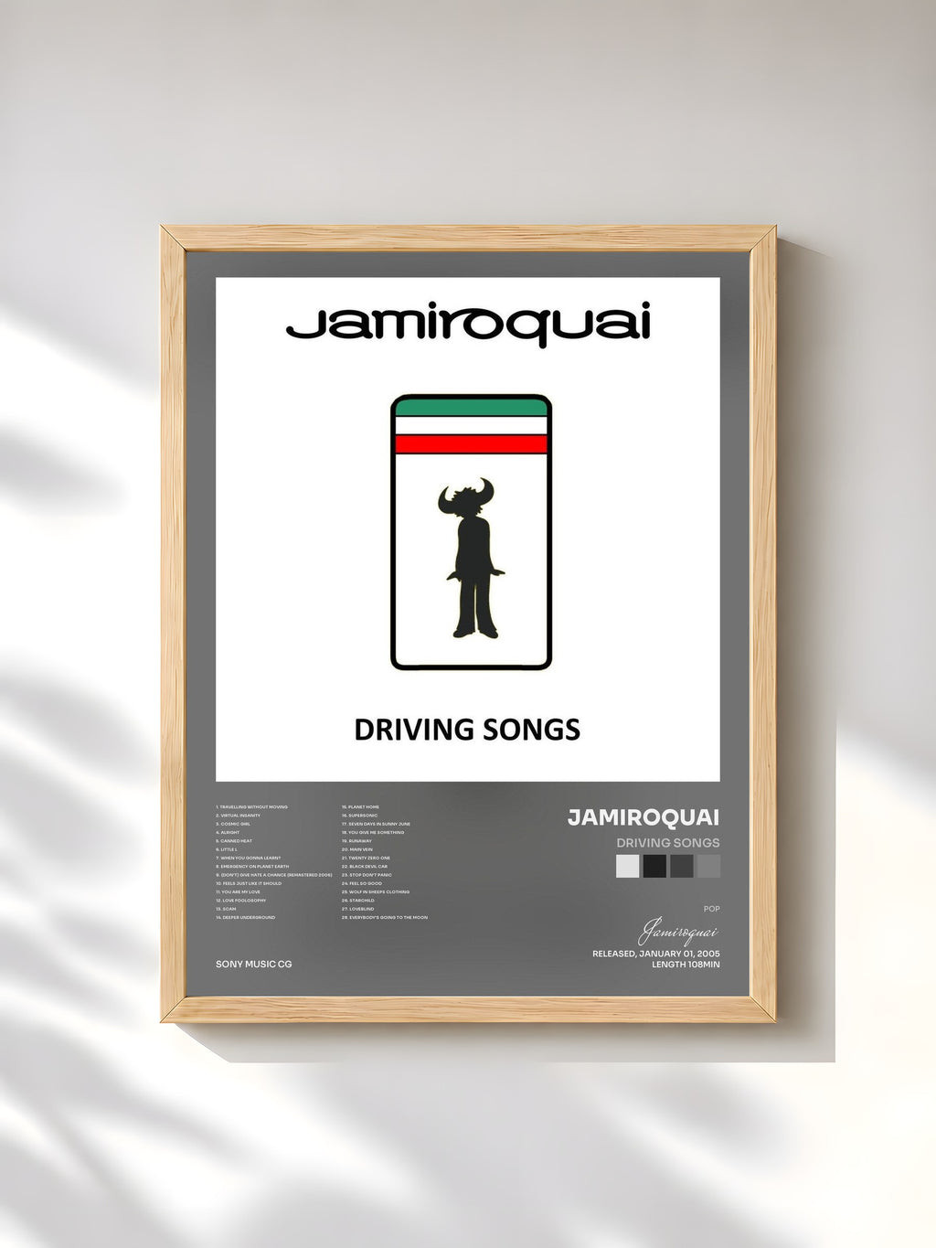 #bois Tableau de l'album Driving Songs de Jamiroquai, cadre en bois brut, imprimé et encadré en France