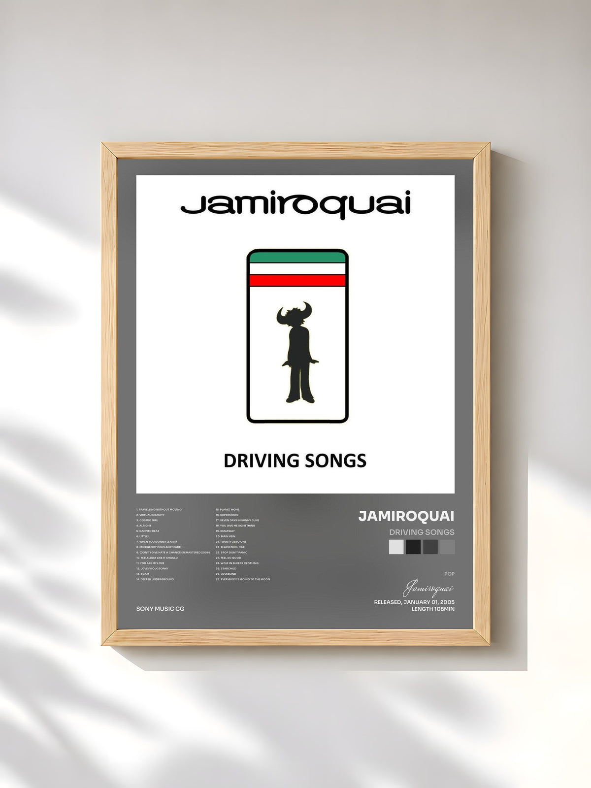 #bois Tableau de l'album Driving Songs de Jamiroquai, cadre en bois brut, imprimé et encadré en France