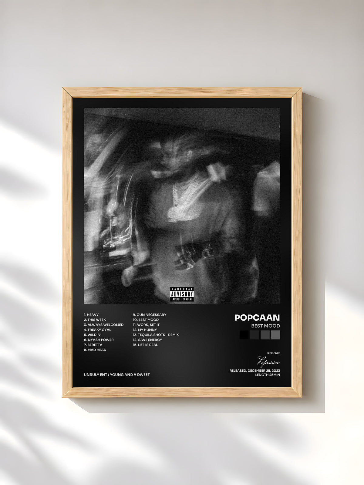 #bois Tableau de l'album Best Mood de Popcaan, cadre en bois brut, imprimé et encadré en France