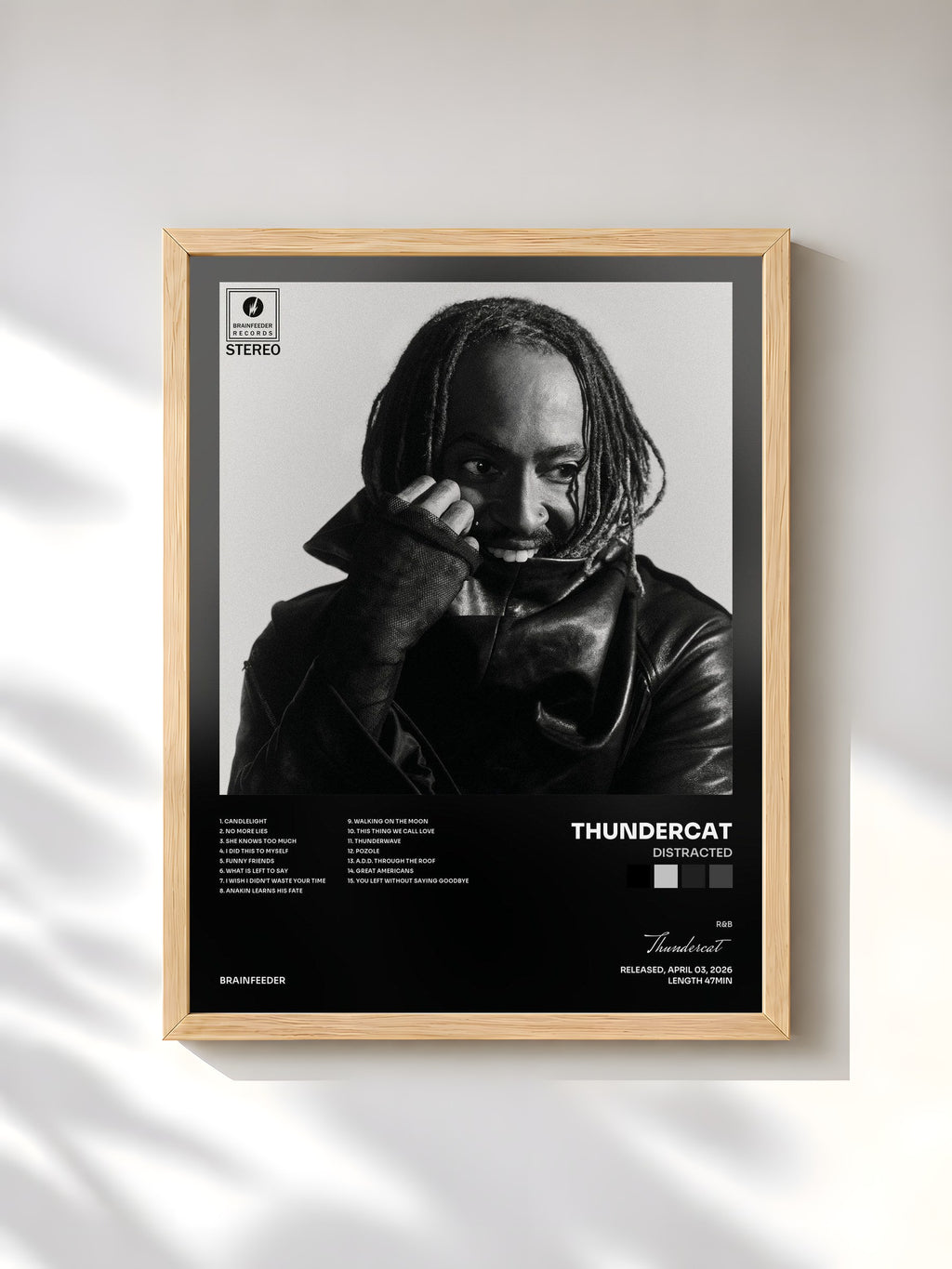 #bois Tableau de l'album Distracted de Thundercat, cadre en bois brut, imprimé et encadré en France