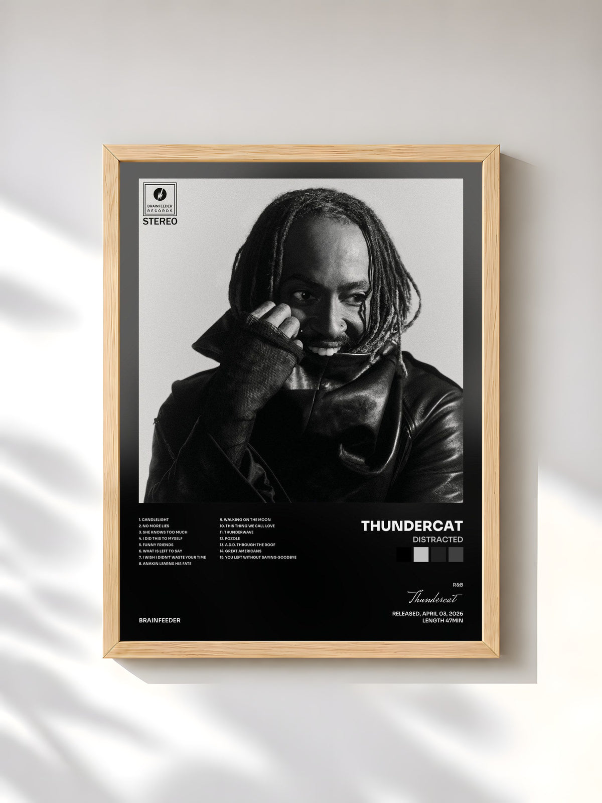 #bois Tableau de l'album Distracted de Thundercat, cadre en bois brut, imprimé et encadré en France