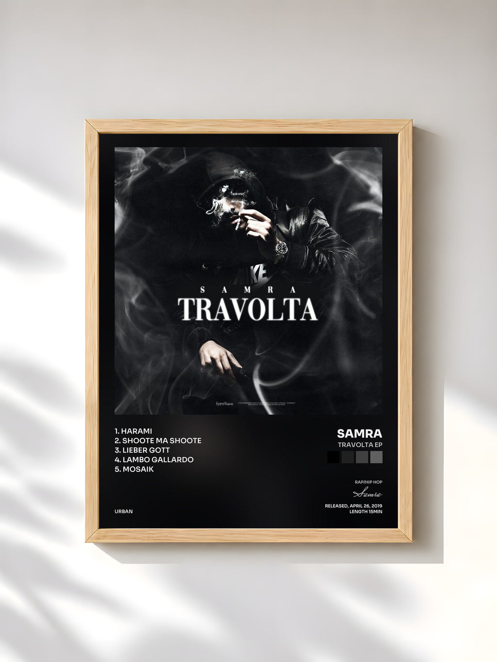 #bois Tableau de l'album Travolta EP de Samra, cadre en bois brut, imprimé et encadré en France