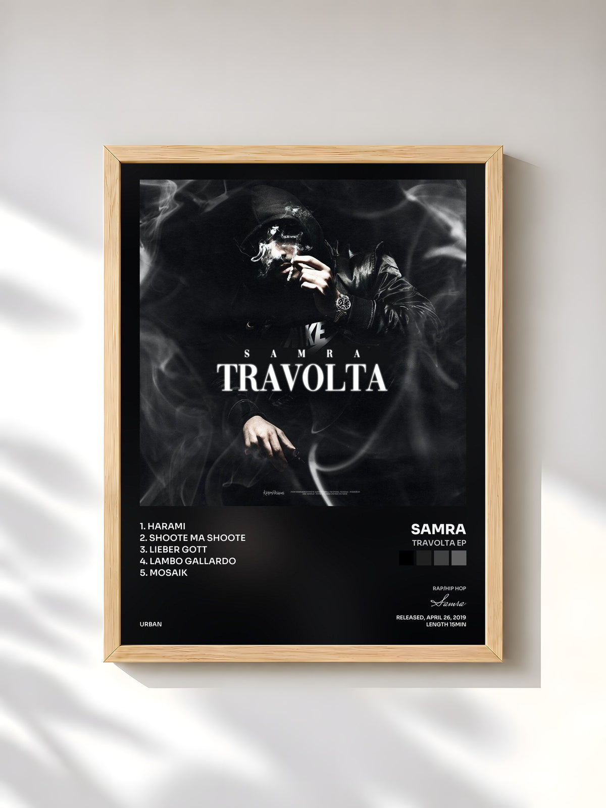#bois Tableau de l'album Travolta EP de Samra, cadre en bois brut, imprimé et encadré en France
