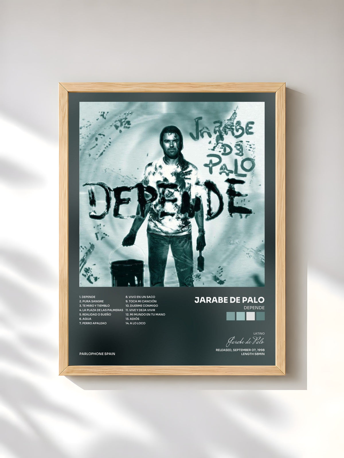 #bois Tableau de l'album Depende de Jarabe de Palo, cadre en bois brut, imprimé et encadré en France