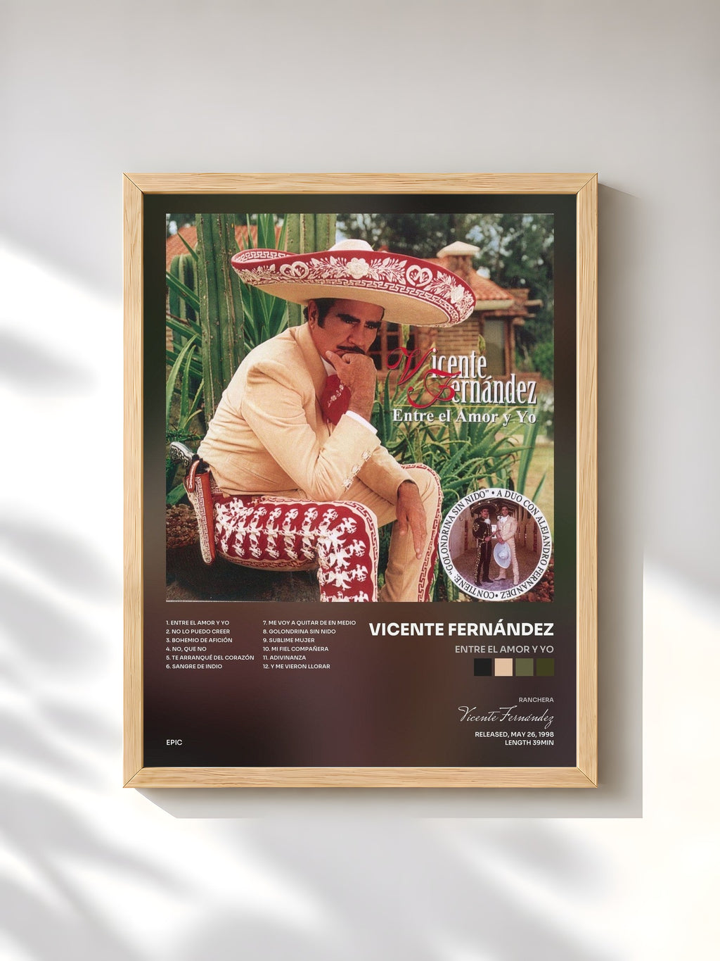 #bois Tableau de l'album Entre El Amor Y Yo de Vicente Fernández, cadre en bois brut, imprimé et encadré en France