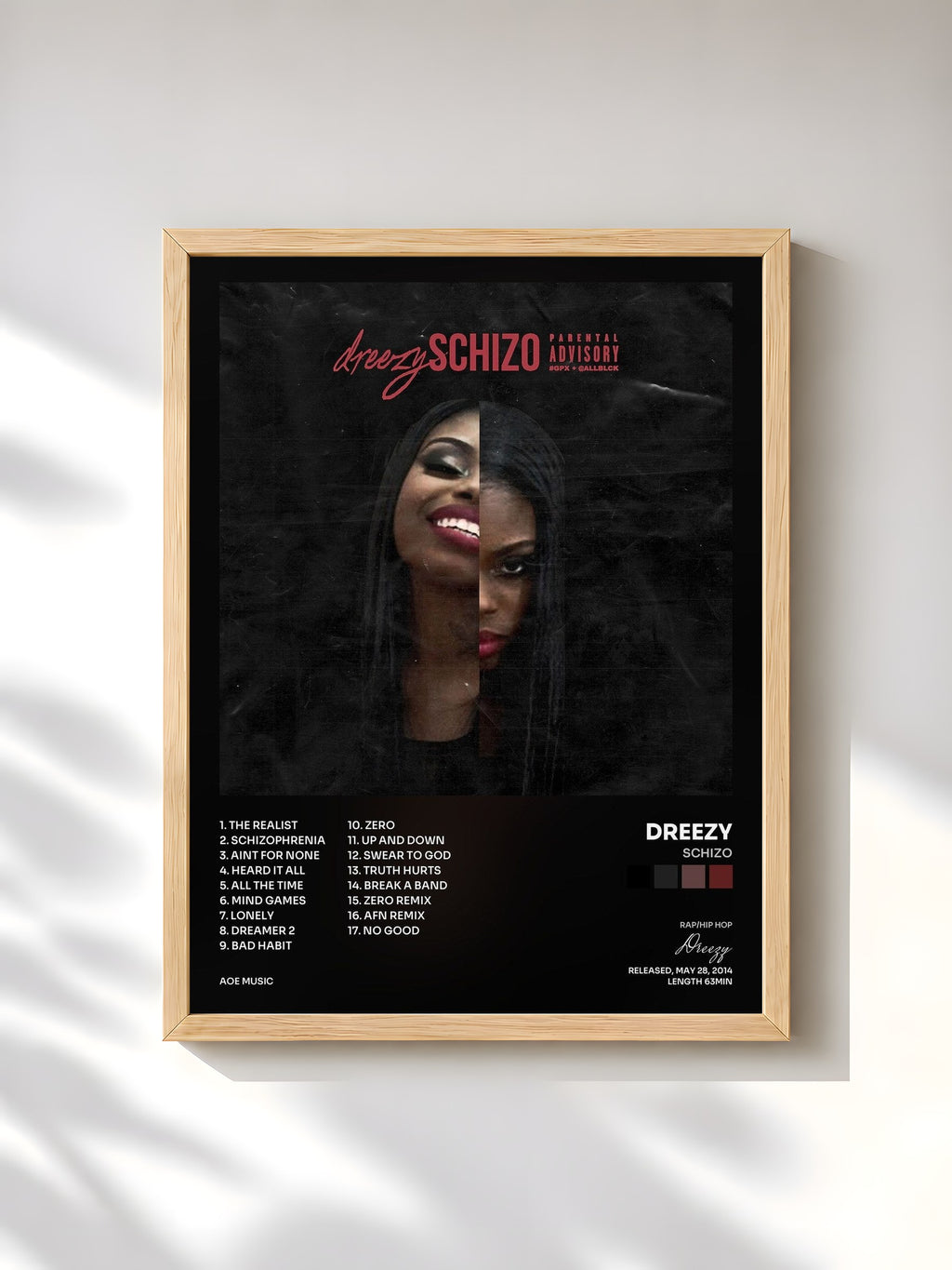#bois Tableau de l'album Schizo de Dreezy, cadre en bois brut, imprimé et encadré en France