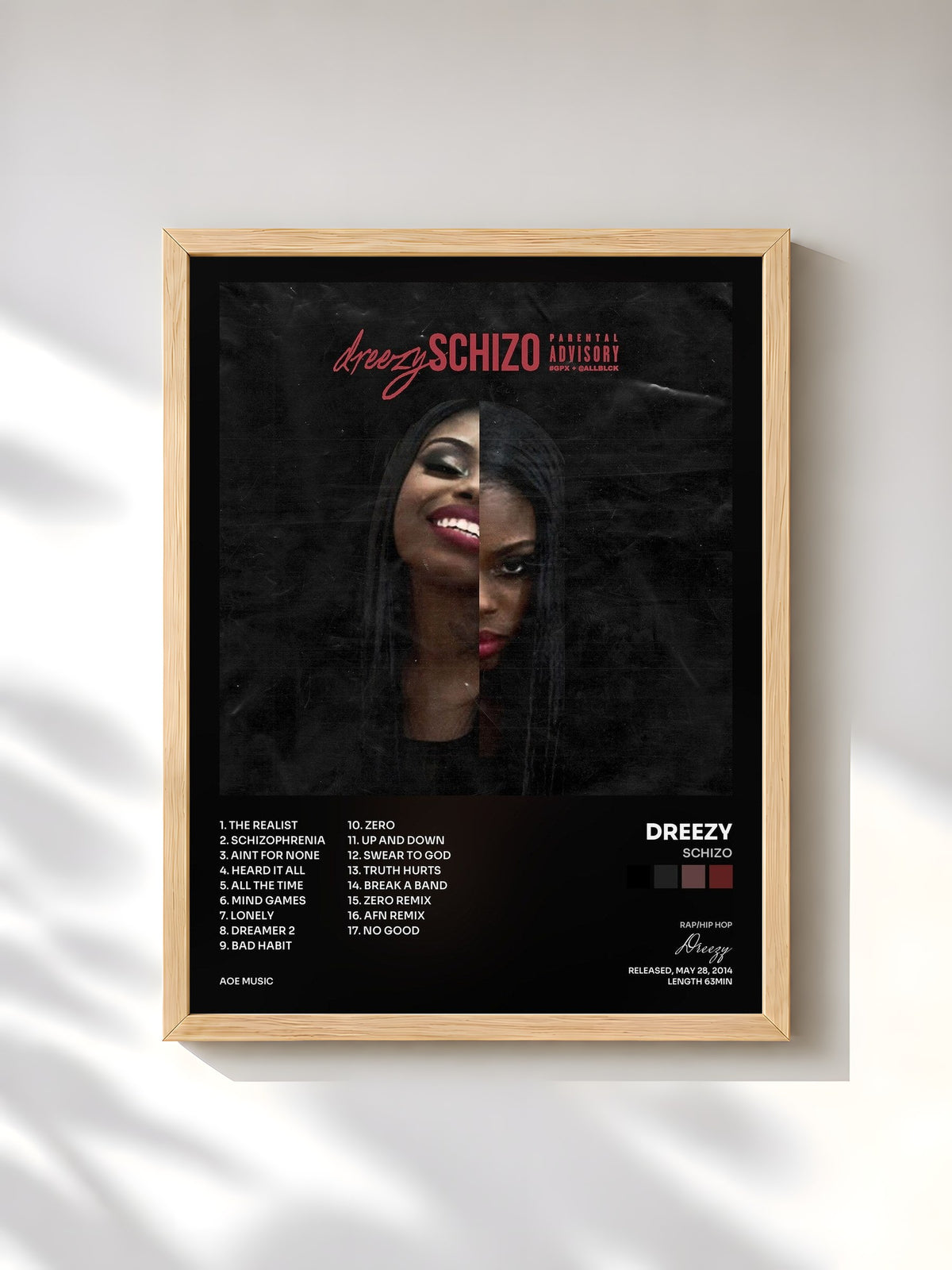 #bois Tableau de l'album Schizo de Dreezy, cadre en bois brut, imprimé et encadré en France