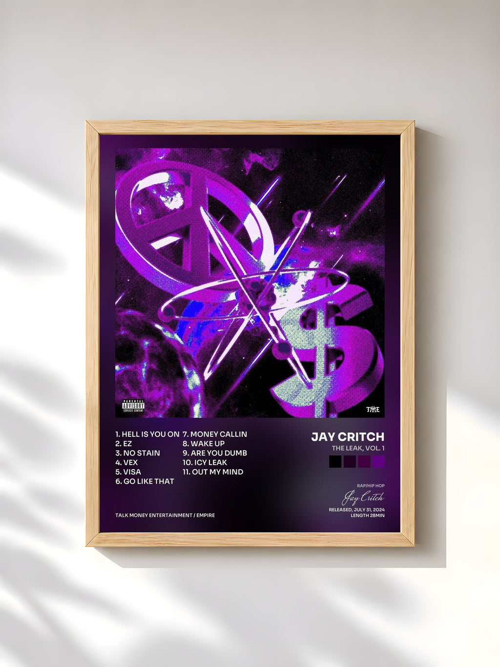 #bois Tableau de l'album The Leak, Vol. 1 de Jay Critch, cadre en bois brut, imprimé et encadré en France
