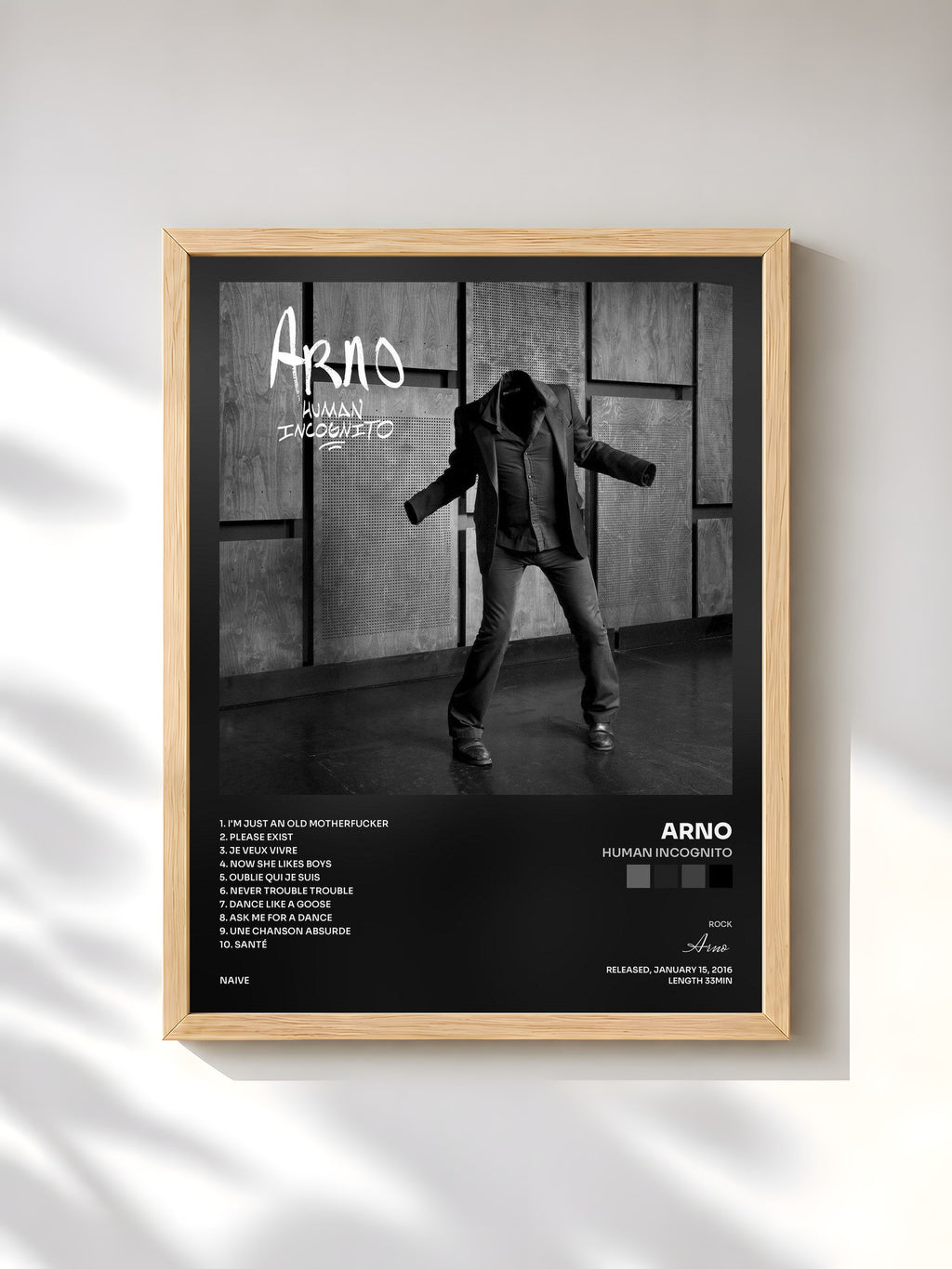 #bois Tableau de l'album Human incognito de Arno, cadre en bois brut, imprimé et encadré en France