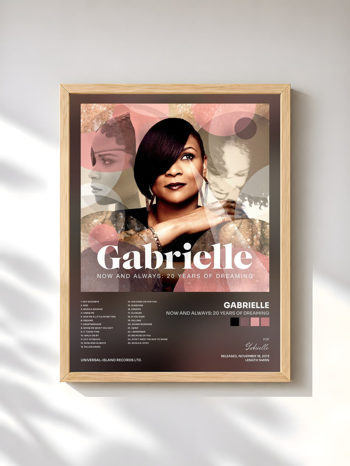 #bois Tableau de l'album Now And Always: 20 Years Of Dreaming de Gabrielle, cadre en bois brut, imprimé et encadré en France