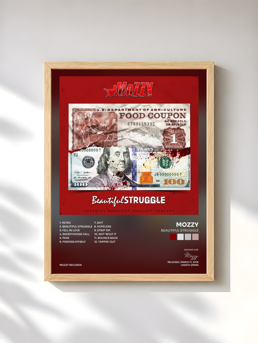 #bois Tableau de l'album Beautiful Struggle de Mozzy, cadre en bois brut, imprimé et encadré en France