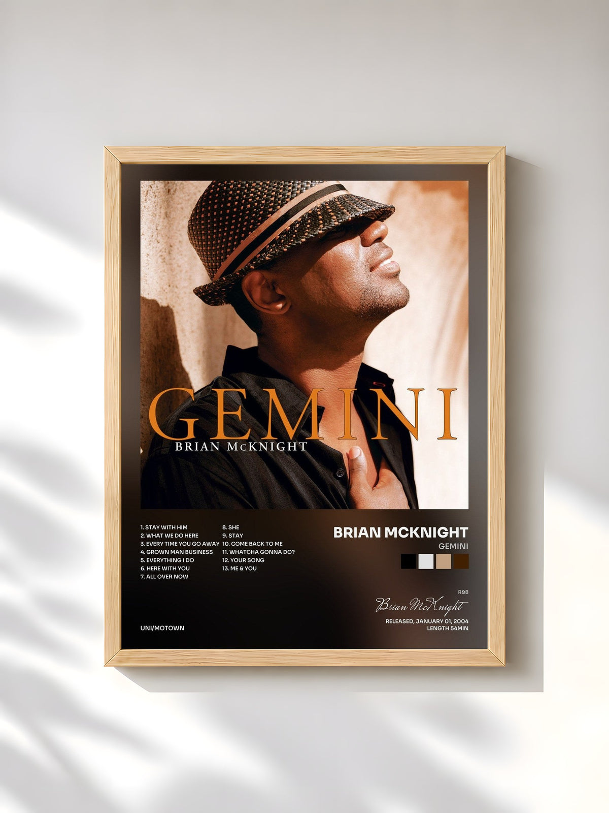 #bois Tableau de l'album Gemini de Brian McKnight, cadre en bois brut, imprimé et encadré en France