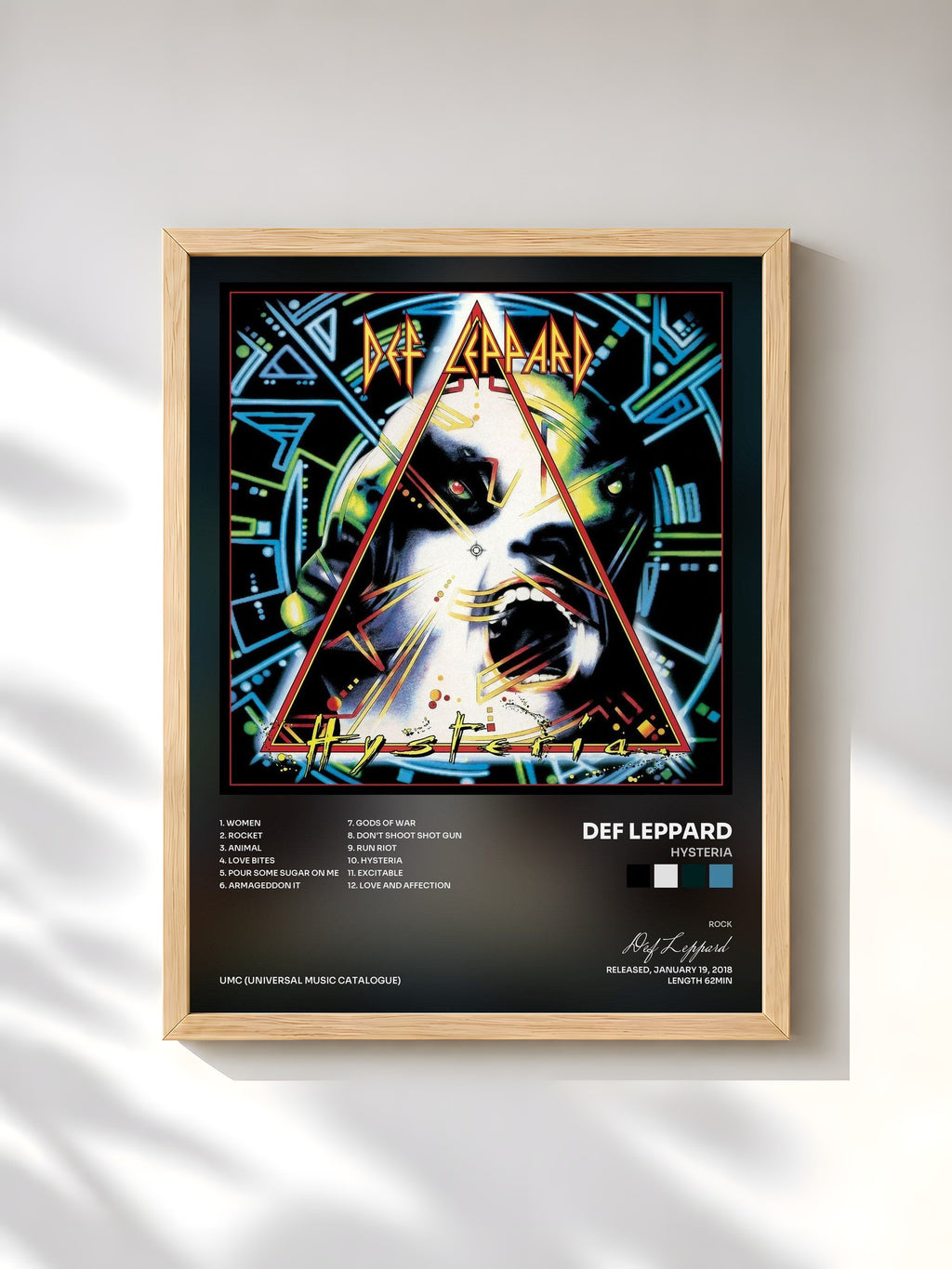 #bois Tableau de l'album Hysteria de Def Leppard, cadre en bois brut, imprimé et encadré en France