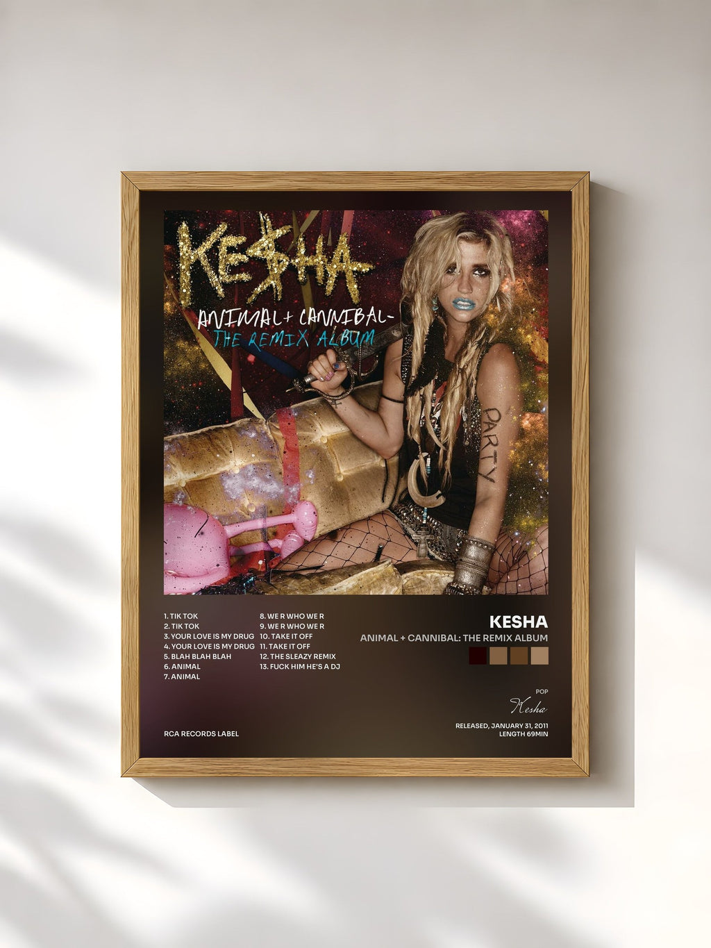 #bois Tableau de l'album Animal + Cannibal: The Remix Album de Kesha, cadre en bois brut, imprimé et encadré en France