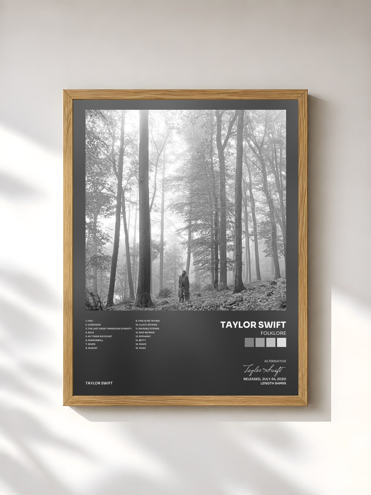 #bois Tableau de l'album folklore de Taylor Swift, cadre en bois brut, imprimé et encadré en France