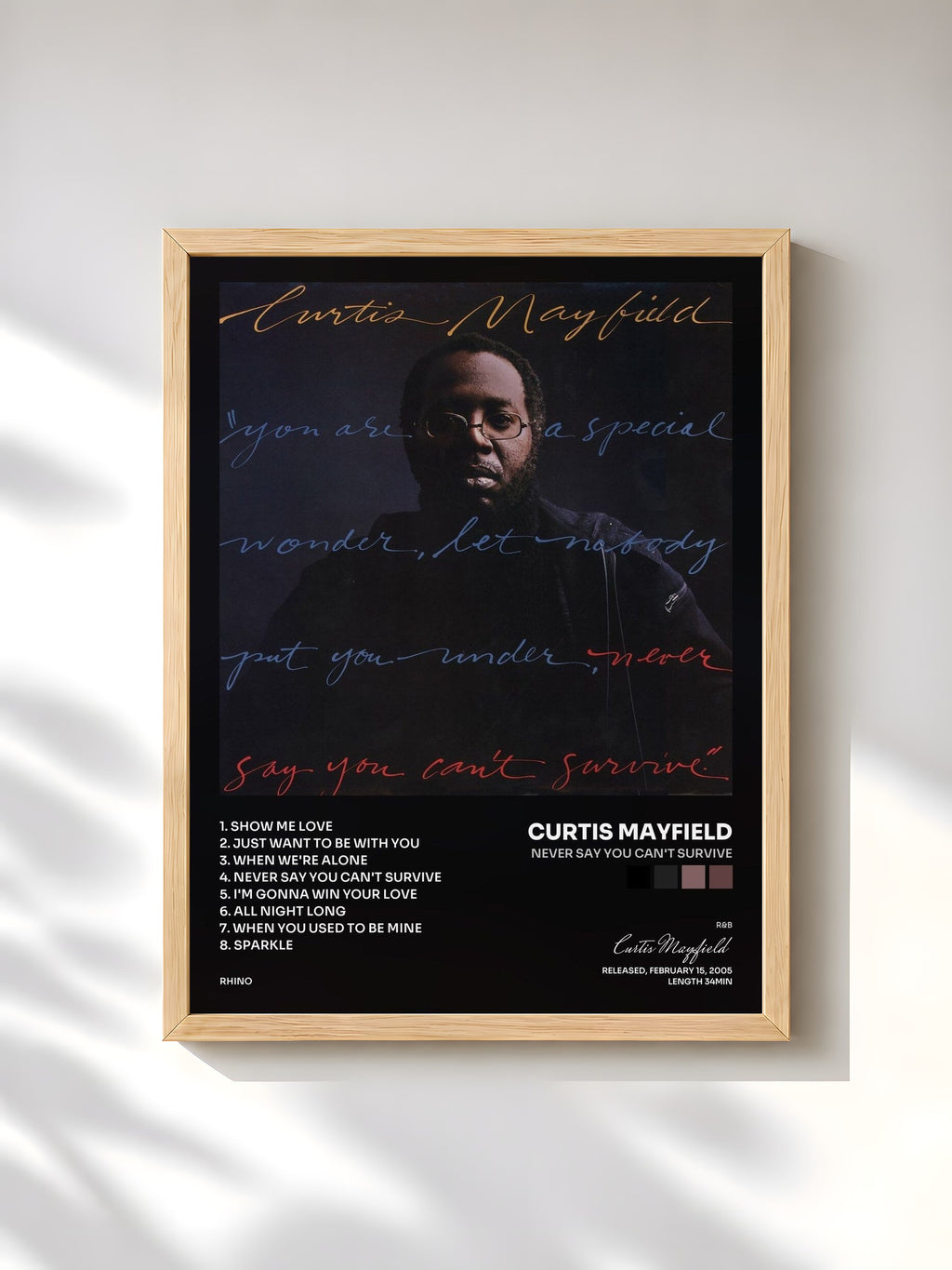 #bois Tableau de l'album Never Say You Can't Survive de Curtis Mayfield, cadre en bois brut, imprimé et encadré en France