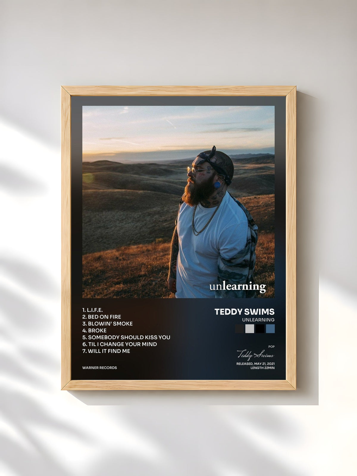 #bois Tableau de l'album Unlearning de Teddy Swims, cadre en bois brut, imprimé et encadré en France