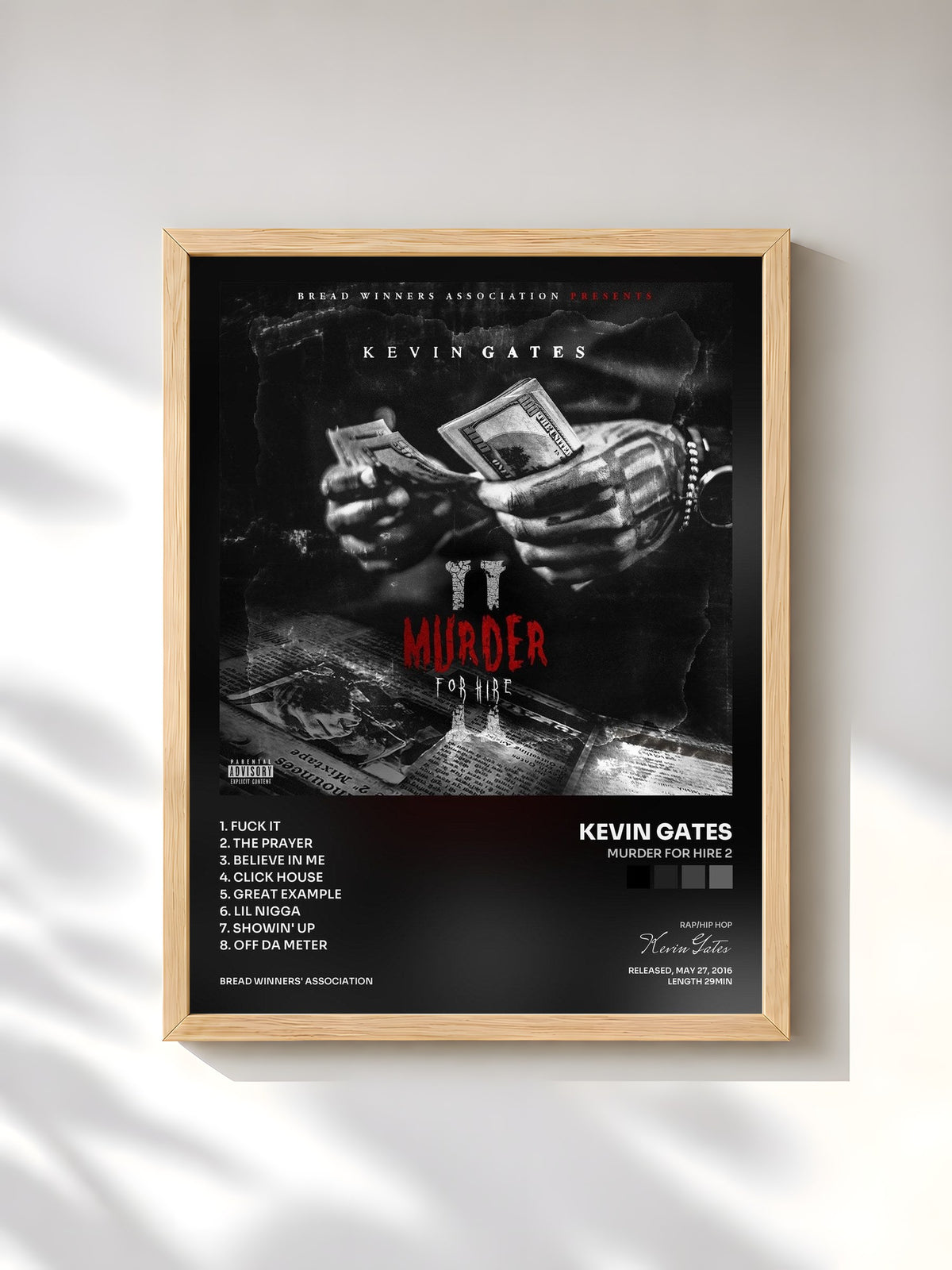 #bois Tableau de l'album Murder for Hire 2 de Kevin Gates, cadre en bois brut, imprimé et encadré en France