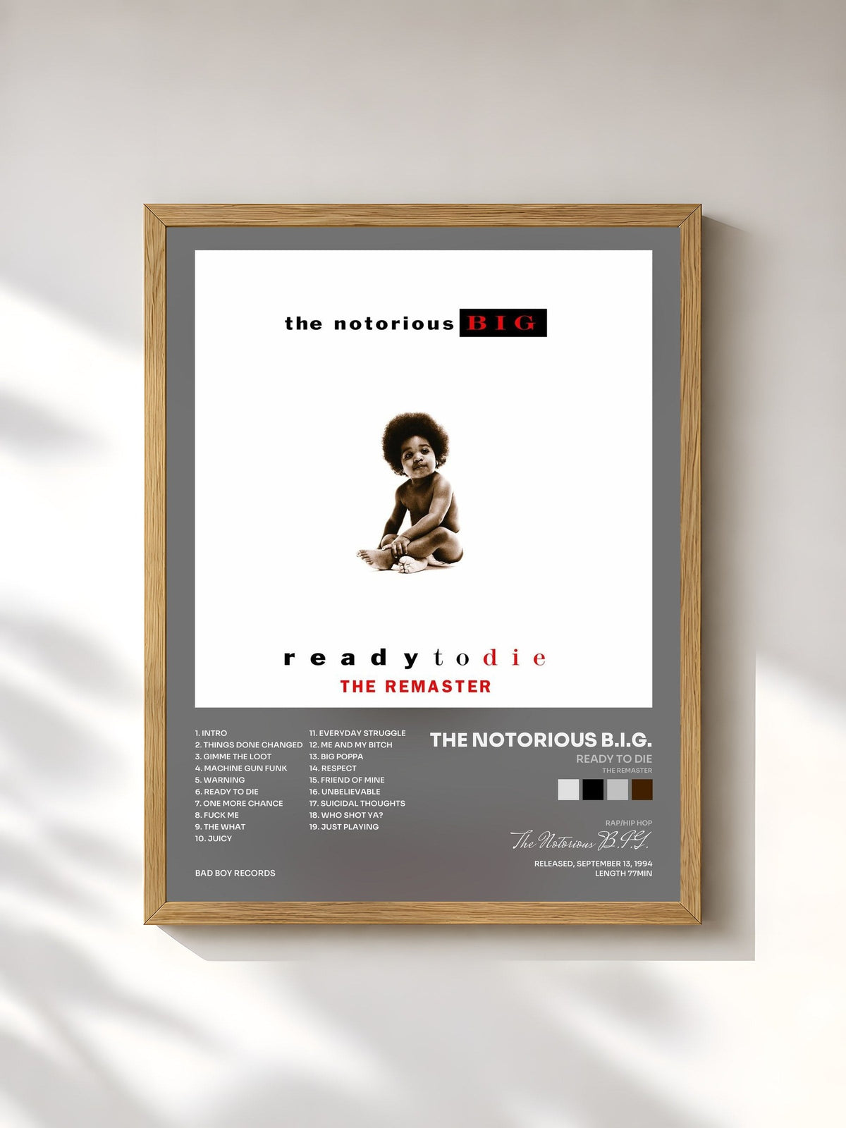 #bois Tableau de l'album Ready to Die (The Remaster) de The Notorious B.I.G., cadre en bois brut, imprimé et encadré en France