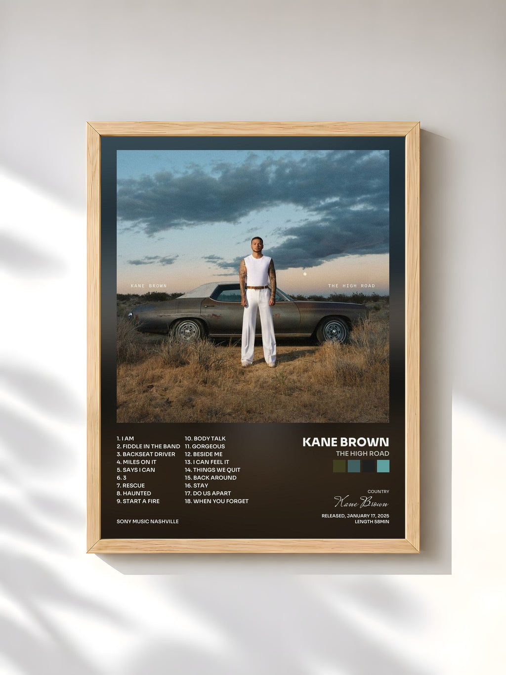 #bois Tableau de l'album The High Road de Kane Brown, cadre en bois brut, imprimé et encadré en France