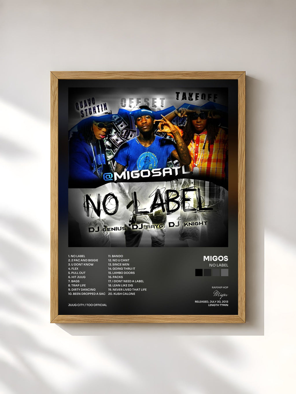 #bois Tableau de l'album No Label de Migos, cadre en bois brut, imprimé et encadré en France