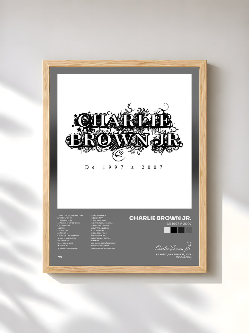 #bois Tableau de l'album De 1997 A 2007 de Charlie Brown Jr., cadre en bois brut, imprimé et encadré en France