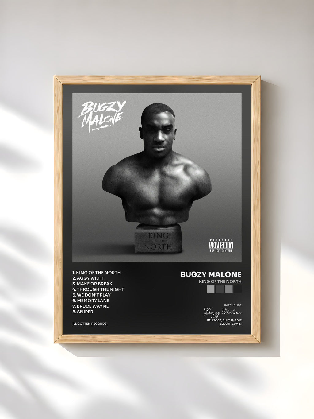 #bois Tableau de l'album King Of The North de Bugzy Malone, cadre en bois brut, imprimé et encadré en France