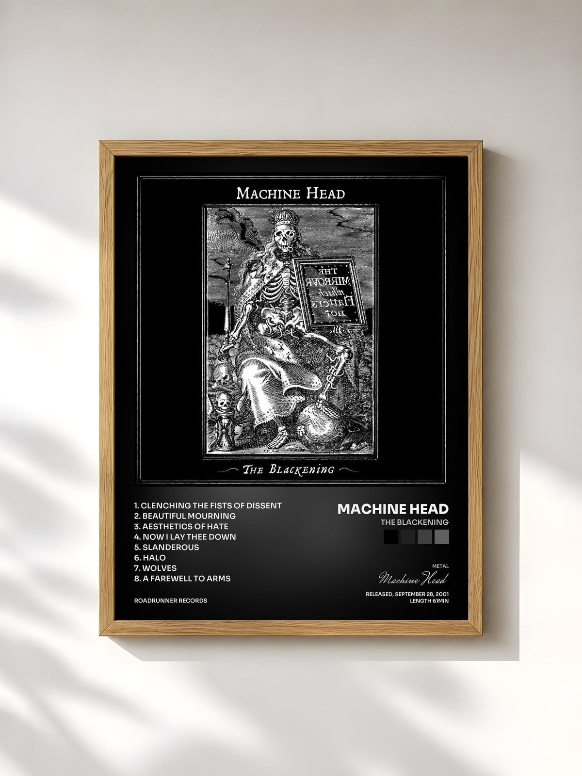 #bois Tableau de l'album The Blackening de Machine Head, cadre en bois brut, imprimé et encadré en France