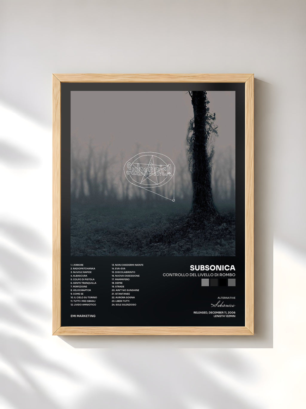 #bois Tableau de l'album Controllo Del Livello Di Rombo de Subsonica, cadre en bois brut, imprimé et encadré en France