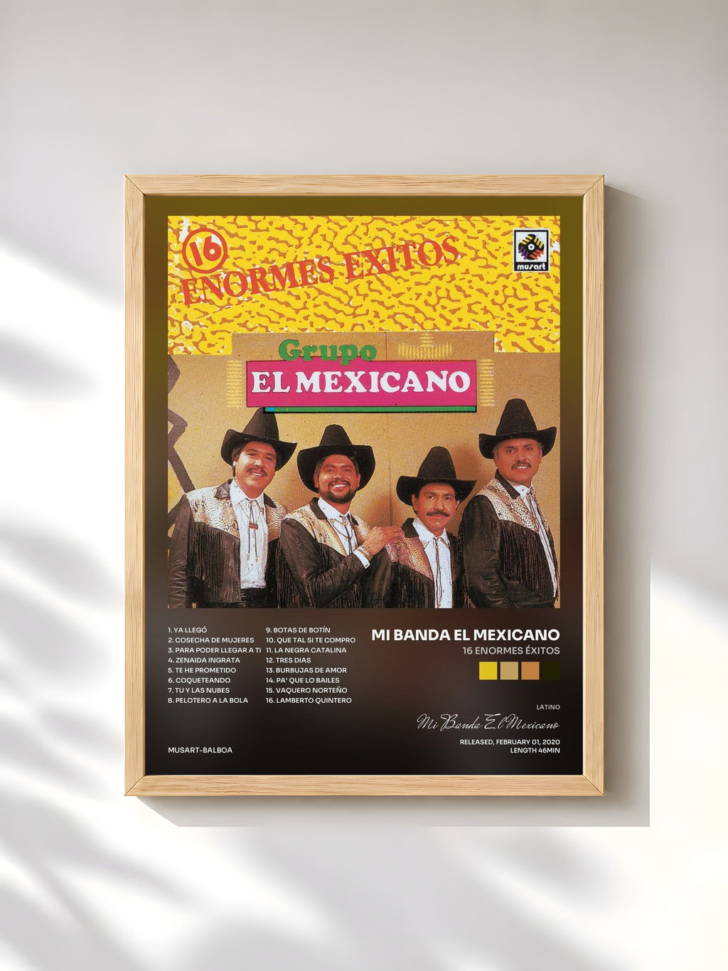 #bois Tableau de l'album 16 Enormes Éxitos de Mi Banda El Mexicano, cadre en bois brut, imprimé et encadré en France