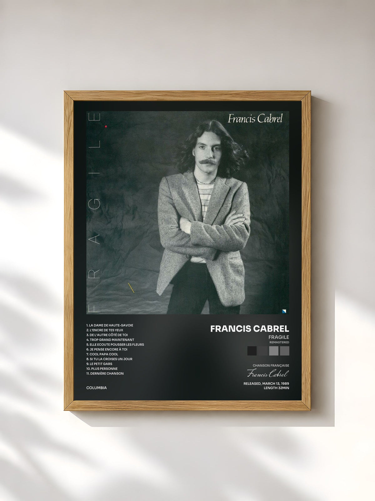 #bois Tableau de l'album Fragile (Remastered) de Francis Cabrel, cadre en bois brut, imprimé et encadré en France