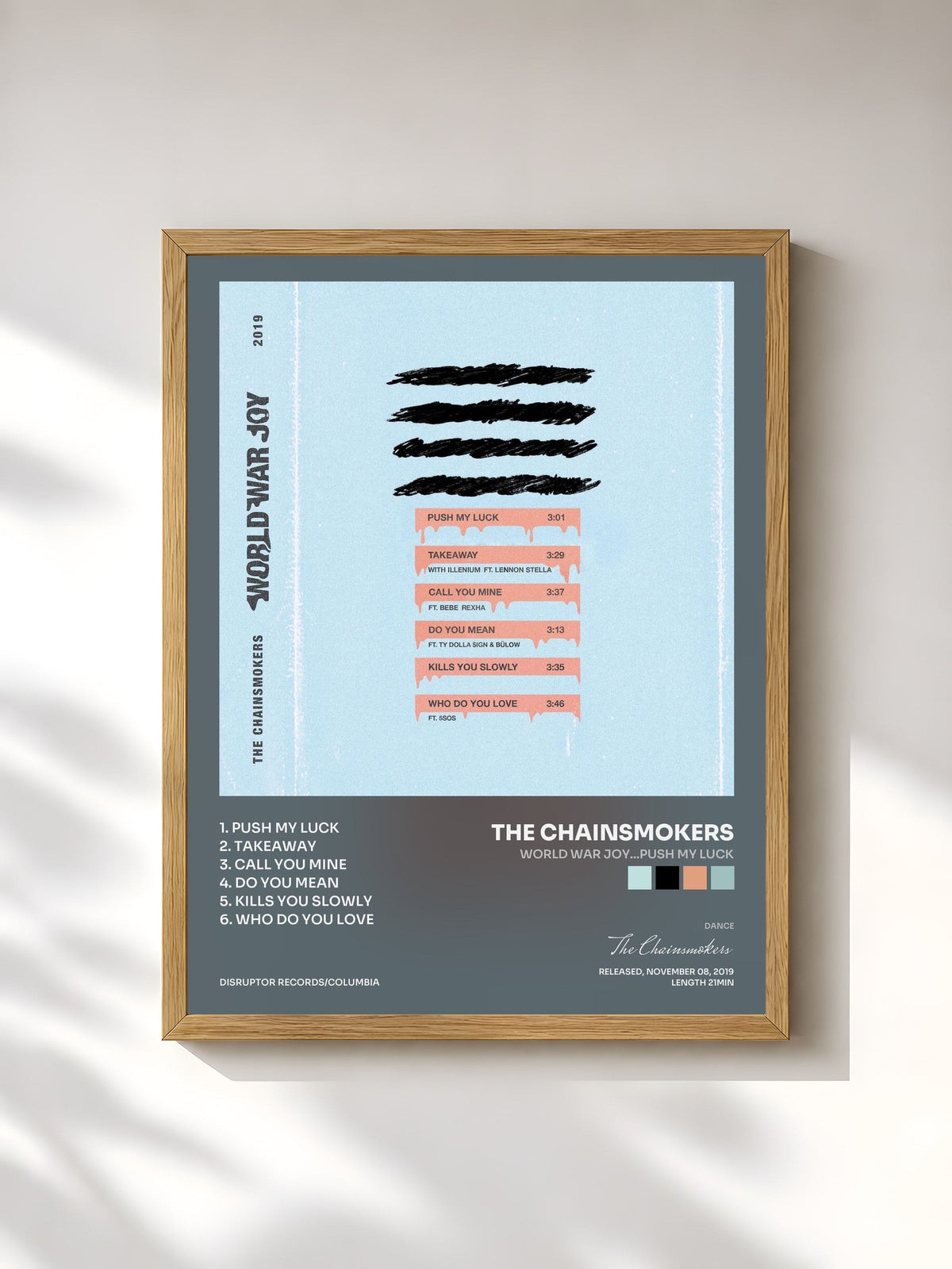 #bois Tableau de l'album World War Joy...Push My Luck de The Chainsmokers, cadre en bois brut, imprimé et encadré en France