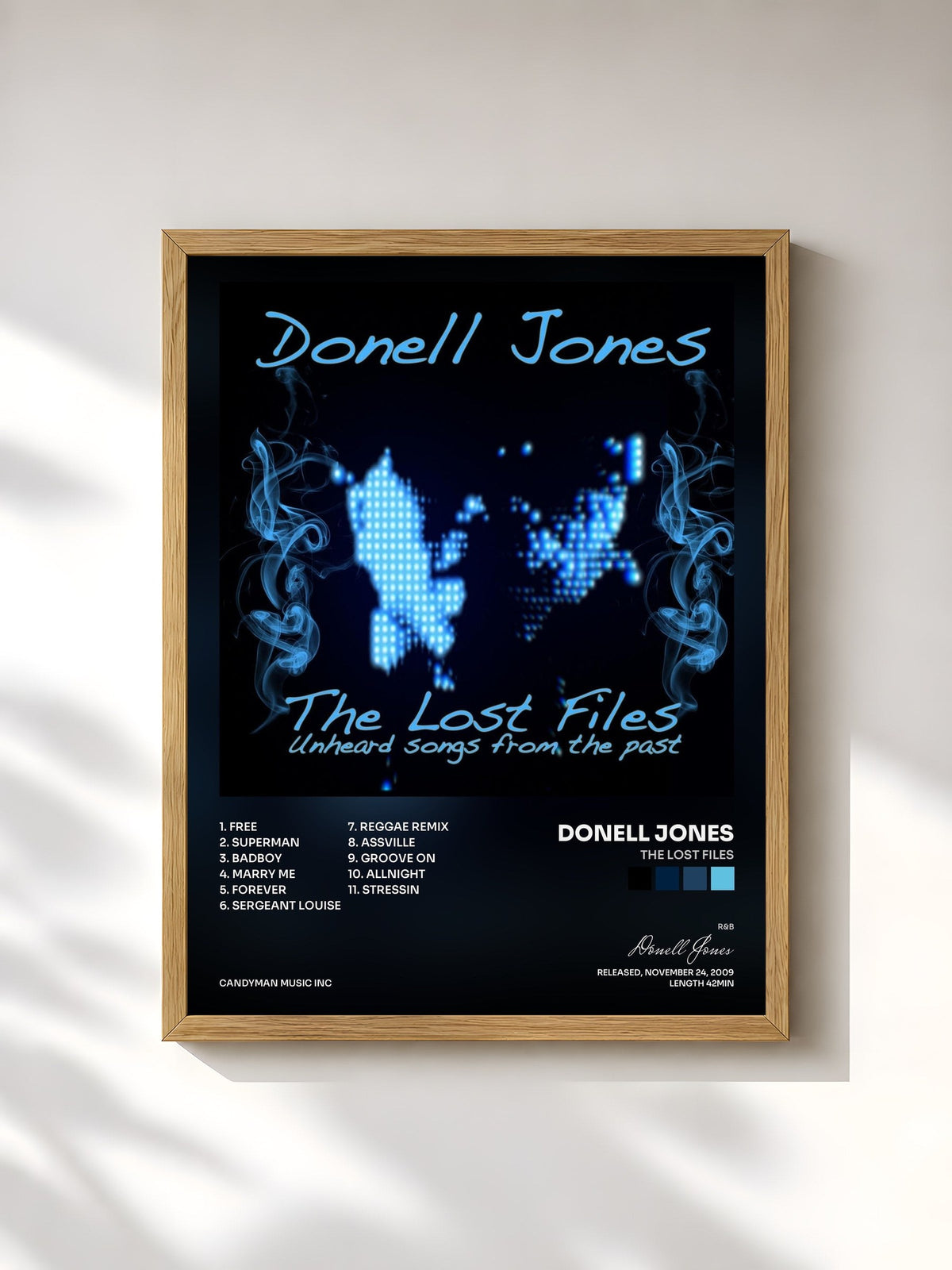 #bois Tableau de l'album The Lost Files de Donell Jones, cadre en bois brut, imprimé et encadré en France