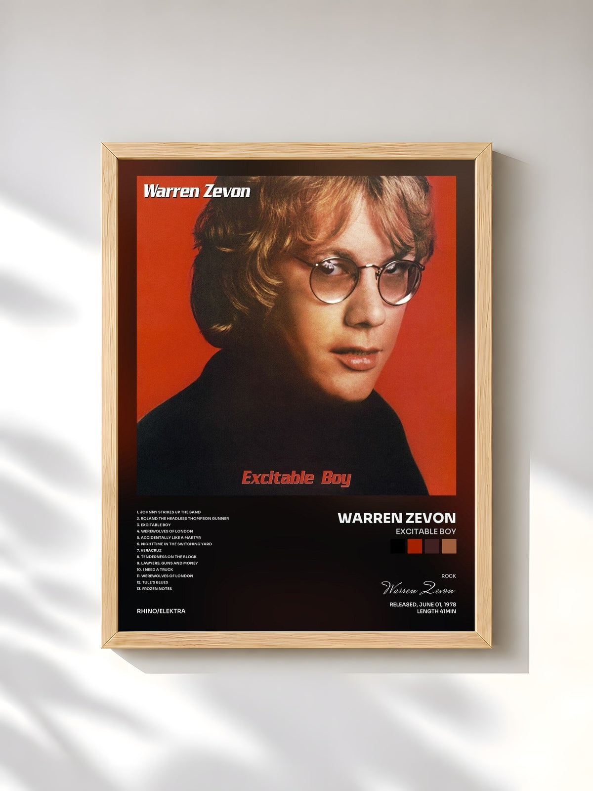 #bois Tableau de l'album Excitable Boy de Warren Zevon, cadre en bois brut, imprimé et encadré en France