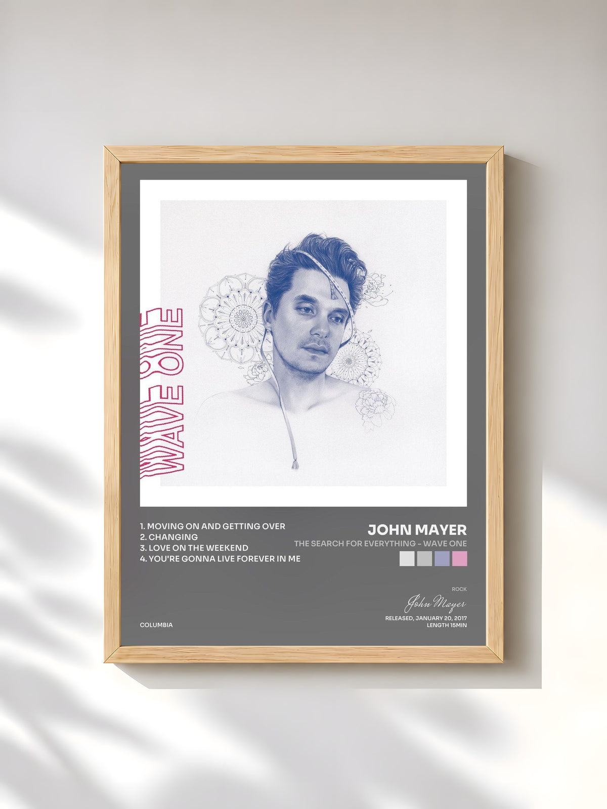 #bois Tableau de l'album The Search for Everything - Wave One de John Mayer, cadre en bois brut, imprimé et encadré en France