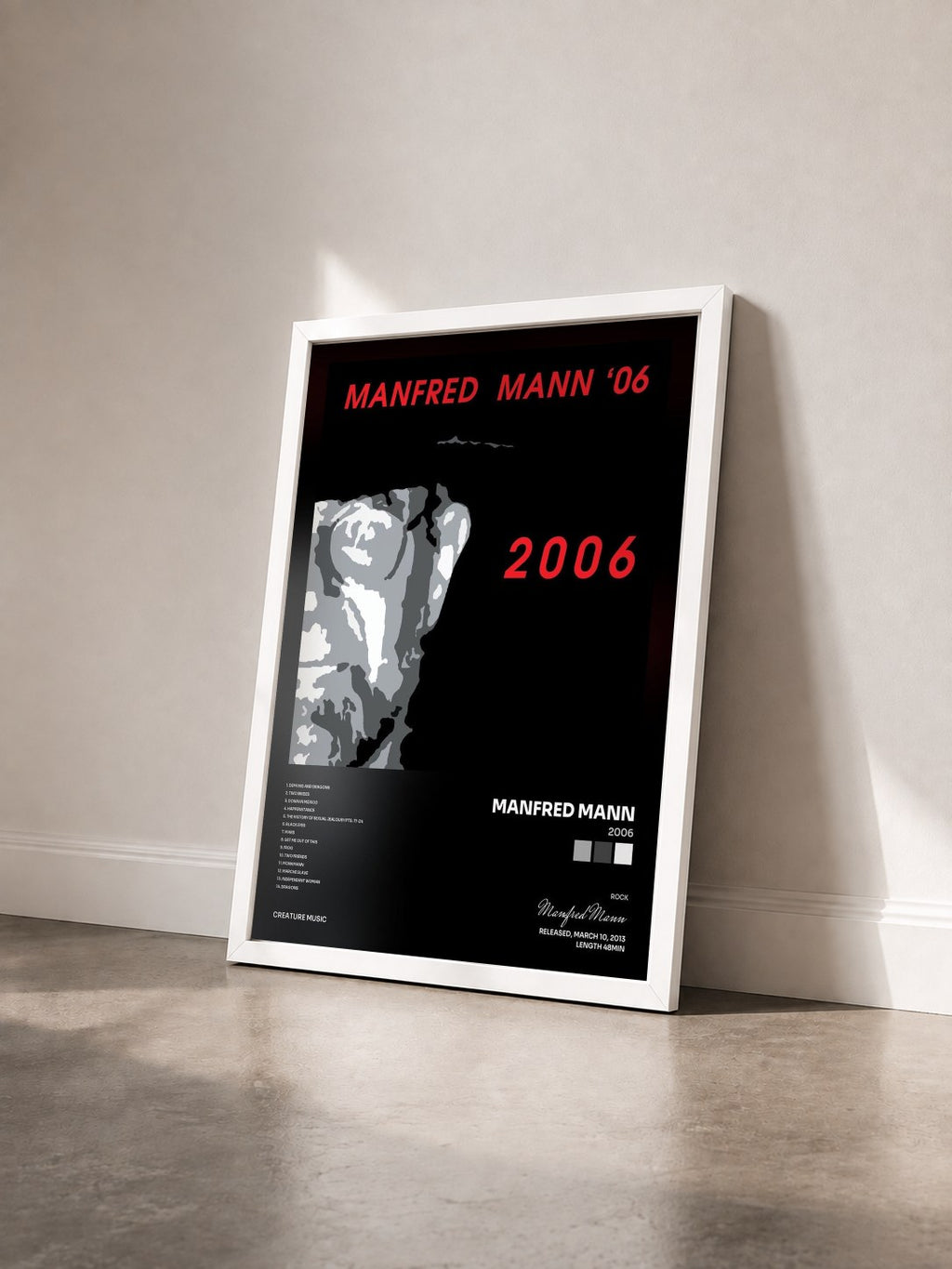 #blanc Tableau de l'album 2006 de Manfred Mann vu de trois quarts, cadre blanc