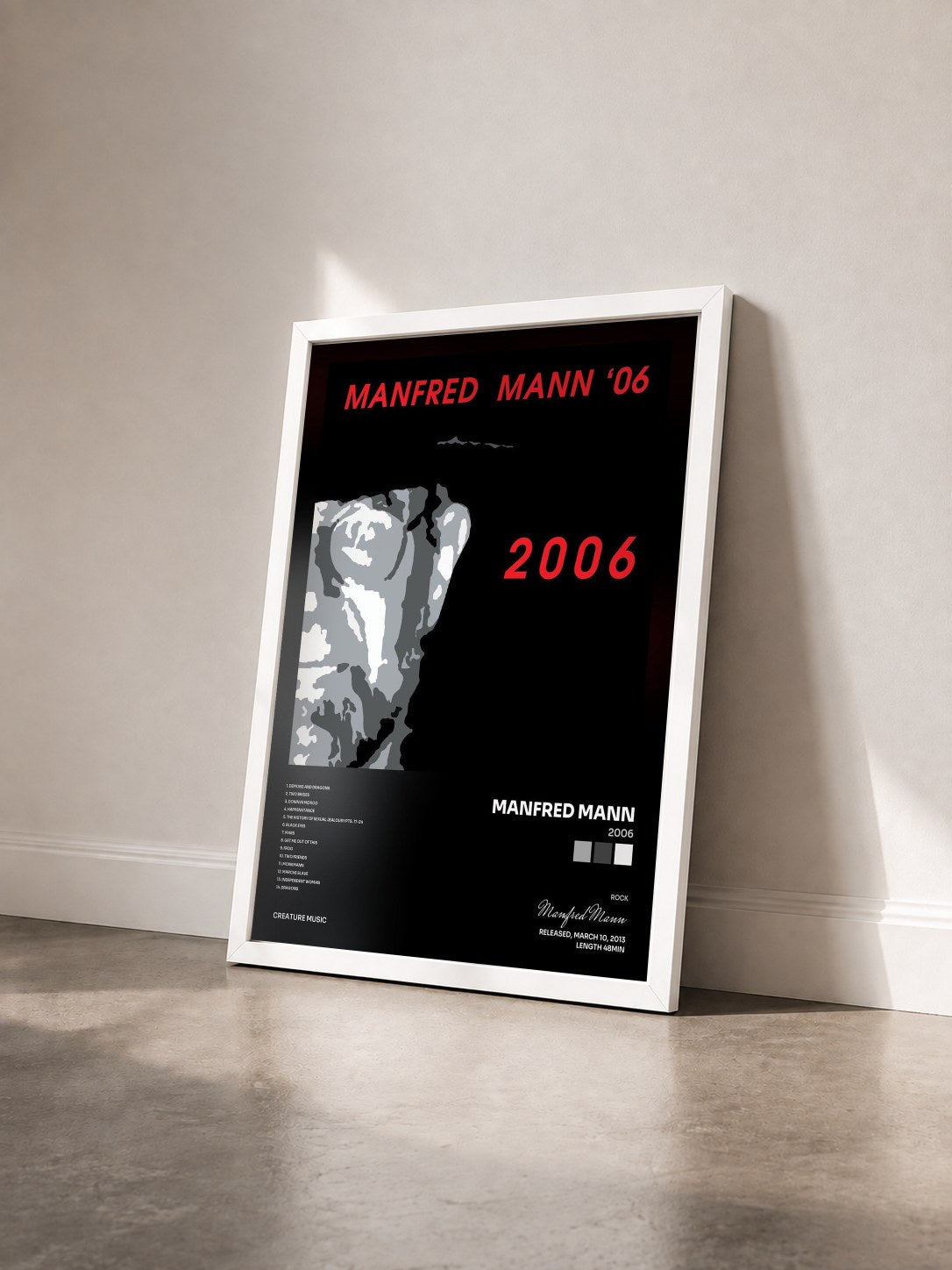 #blanc Tableau de l'album 2006 de Manfred Mann vu de trois quarts, cadre blanc