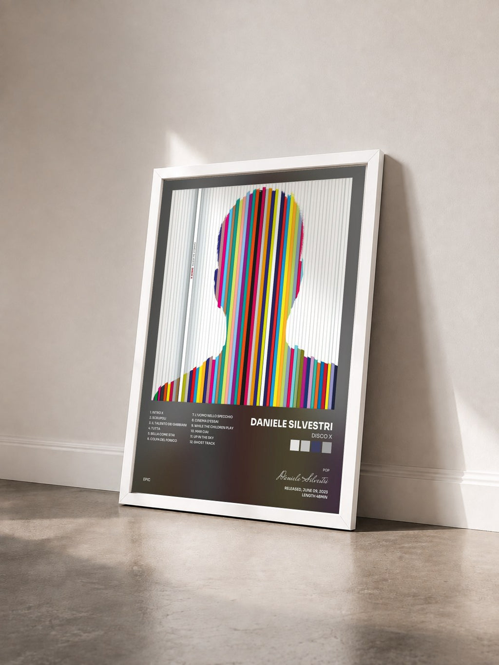 #blanc Tableau de l'album Disco X de Daniele Silvestri vu de trois quarts, cadre blanc