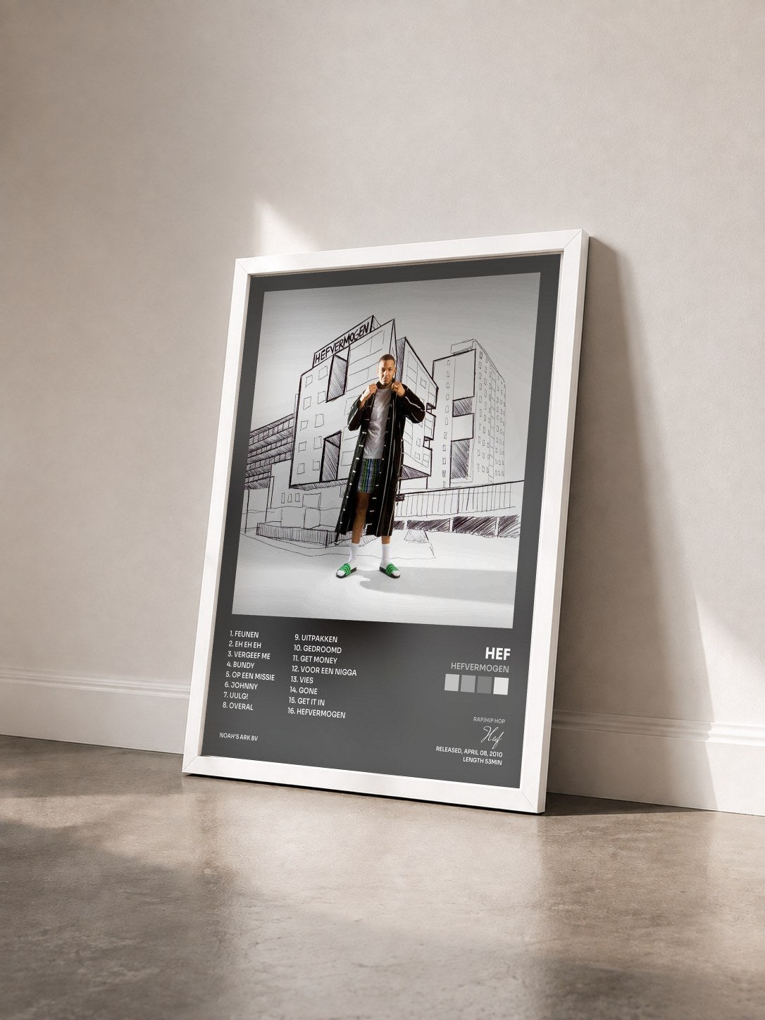 #blanc Tableau de l'album Hefvermogen de Hef vu de trois quarts, cadre blanc