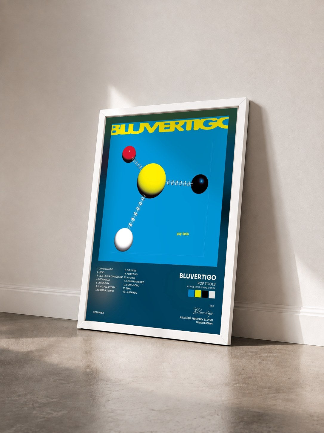 #blanc Tableau de l'album Pop Tools (Alcune Fasi e Forme d'Onda) de Bluvertigo vu de trois quarts, cadre blanc