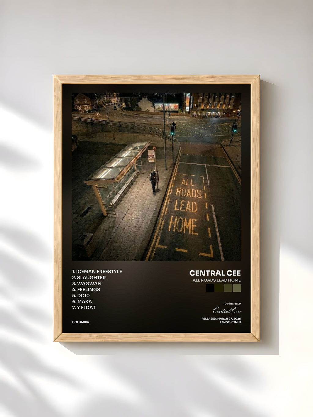 #bois Tableau de l'album ALL ROADS LEAD HOME de Central Cee, cadre en bois brut, imprimé et encadré en France
