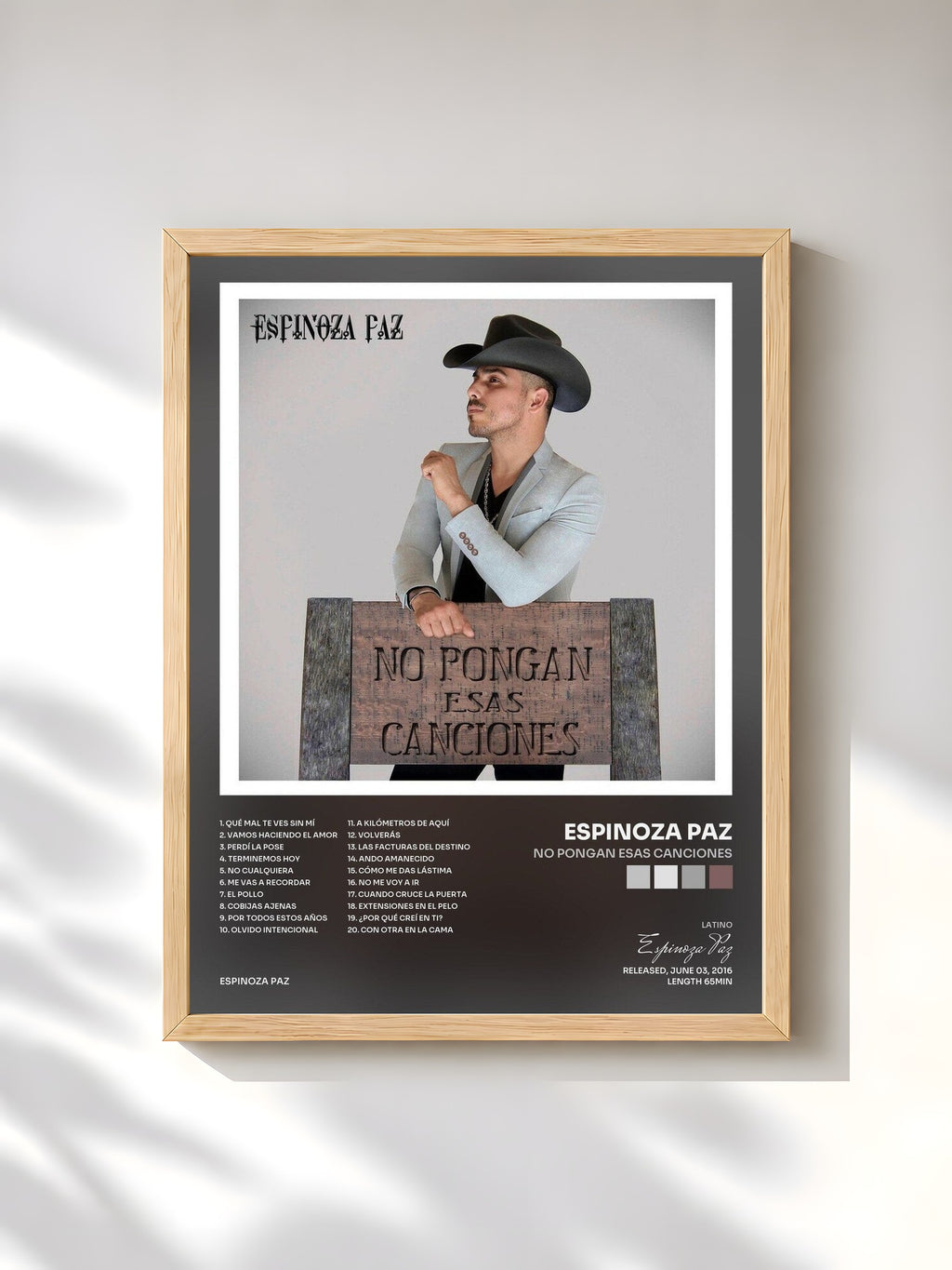 #bois Tableau de l'album No Pongan Esas Canciones de Espinoza Paz, cadre en bois brut, imprimé et encadré en France
