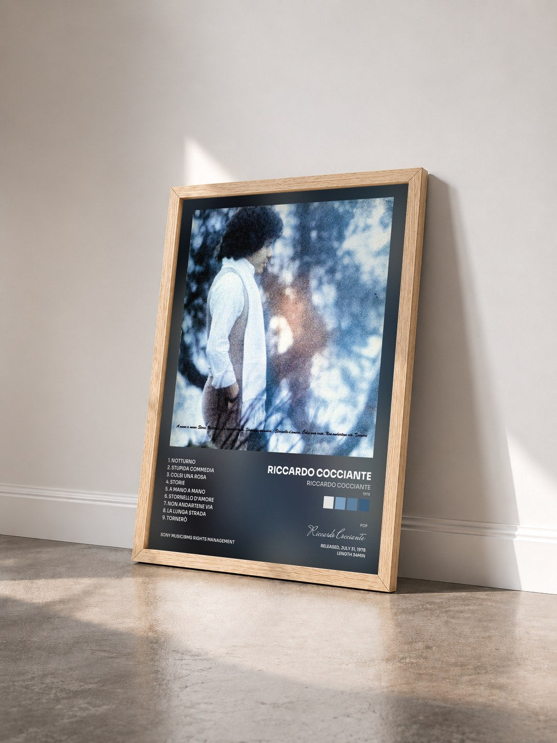 #bois Tableau de l'album Riccardo Cocciante (1978) de Riccardo Cocciante vu de trois quarts, cadre en bois brut