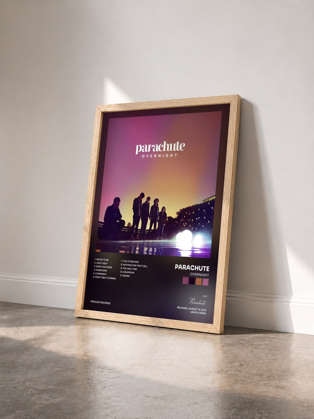 #bois Tableau de l'album Overnight de Parachute vu de trois quarts, cadre en bois brut