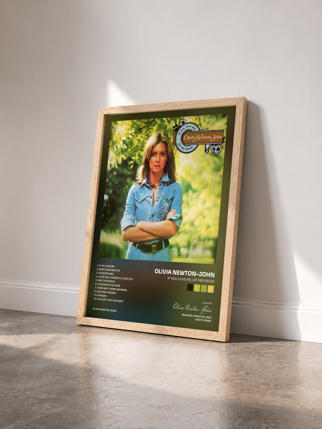 #bois Tableau de l'album If You Love Me, Let Me Know de Olivia Newton-John vu de trois quarts, cadre en bois brut